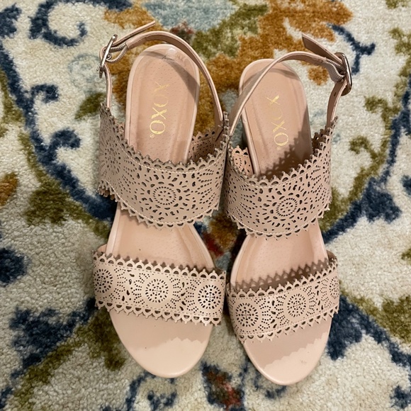 XOXO nude/tan wedge sandals